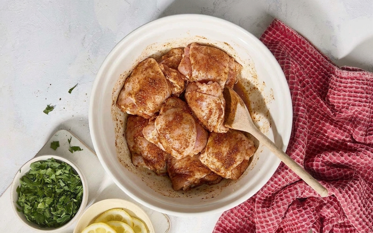 Chicken thighs coated in spices in a mixing bowl on a kitchen counter with a wooden spoon