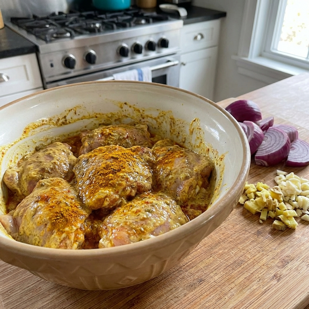 Chicken thighs coated in yogurt and spices in a mixing bowl with sliced onions and ginger-garlic nearby