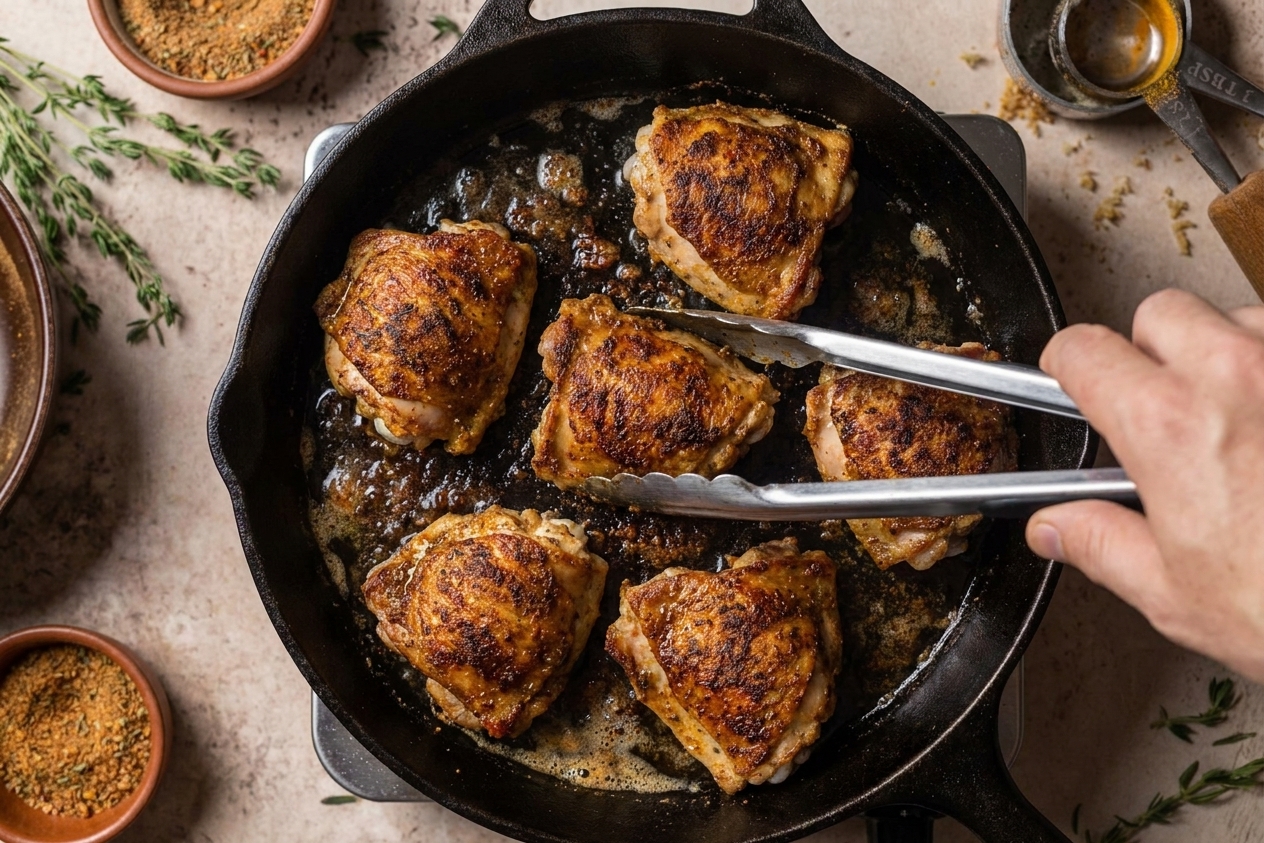 Chicken thighs cooking in a cast iron skillet with browned spices and sizzling edges