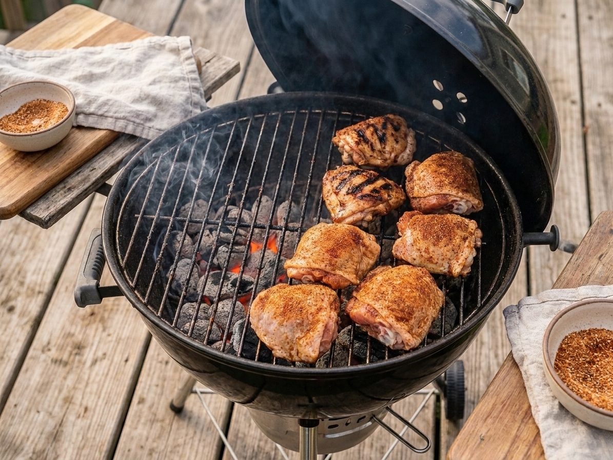 Chicken thighs cooking on a grill over indirect heat with light char marks and the lid open