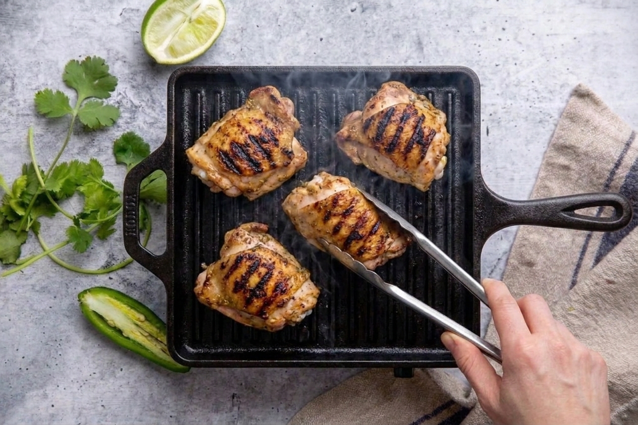 Chicken thighs cooking on a grill with visible grill marks and a pair of tongs turning one piece