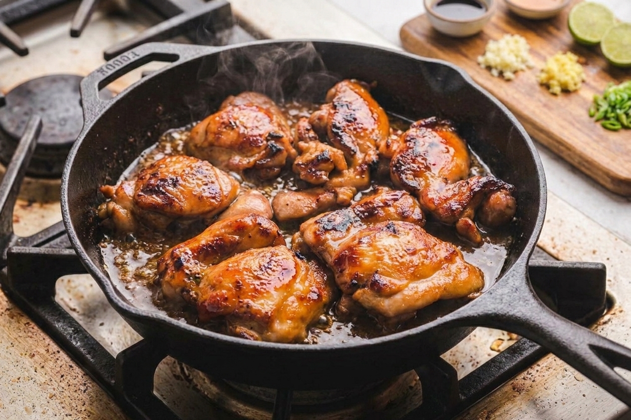 Chicken thighs cooking skin-side down in a dark skillet with crisping edges and rendered fat pooling lightly in the pan