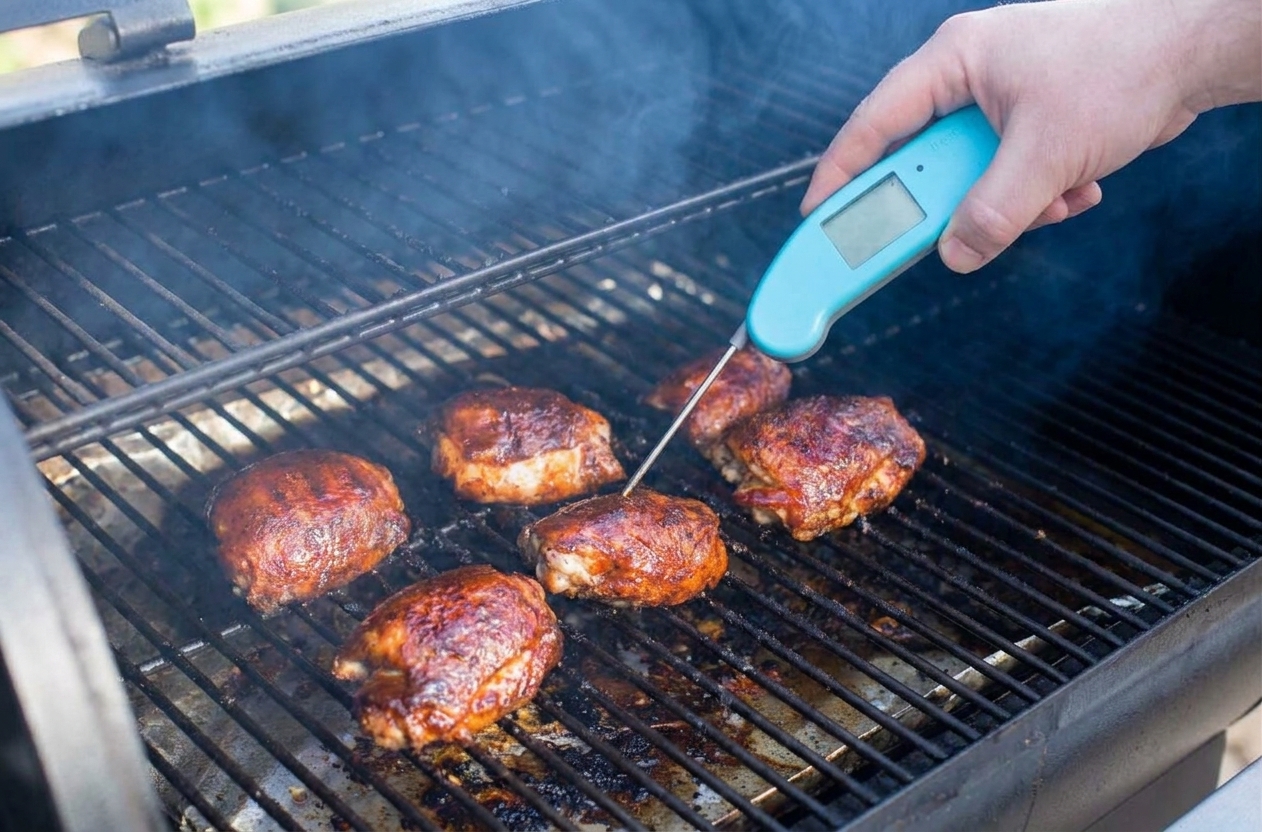 Chicken thighs cooking skin side up on black grill grates inside a pellet grill with light smoke rising