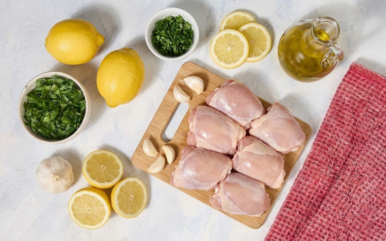 Chicken thighs, garlic cloves, lemons, olive oil, and fresh parsley laid out on a light kitchen counter ready for cooking