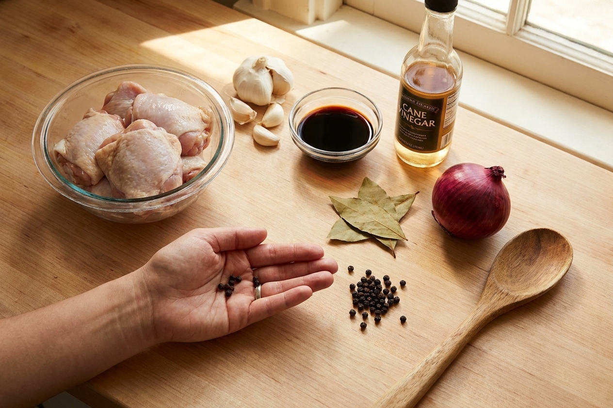Chicken thighs, garlic, soy sauce, cane vinegar, bay leaves, whole peppercorns, and onion arranged on a clean kitchen counter with warm natural light