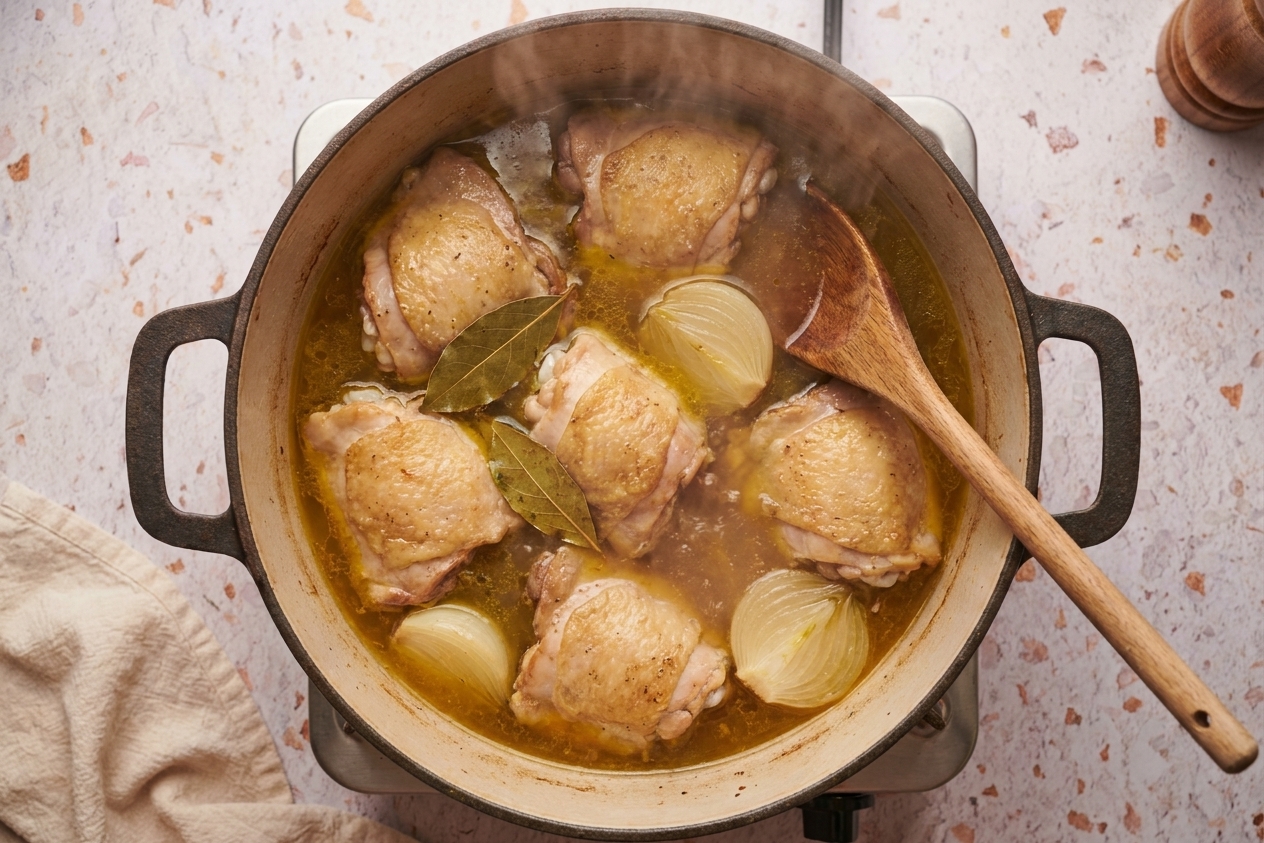 Chicken thighs gently simmering in a large pot of broth with onion and bay leaves on a stovetop