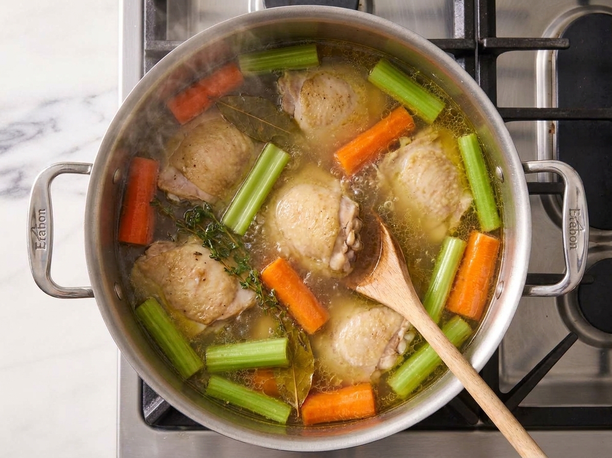 Chicken thighs gently simmering in a pot of broth with visible carrots and celery on a stovetop