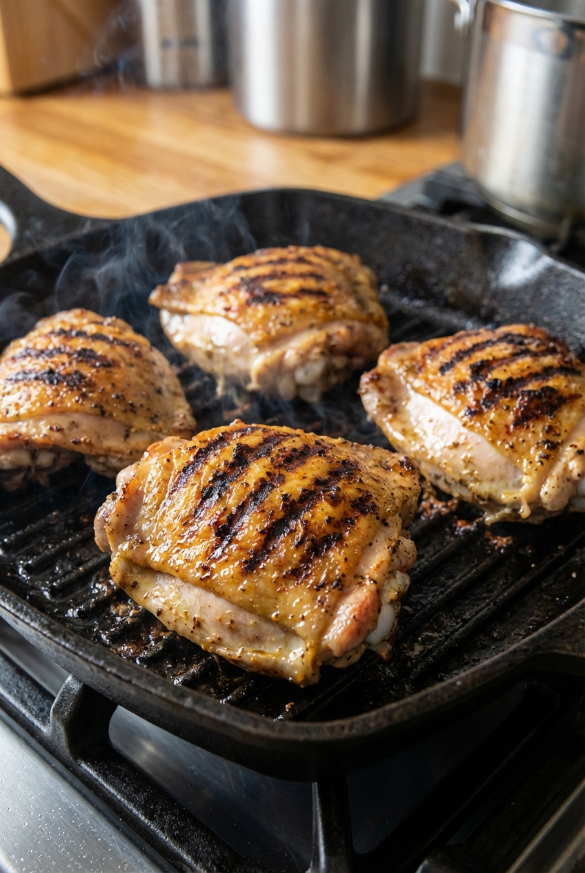 Chicken thighs grilling on a cast iron grill pan with char marks