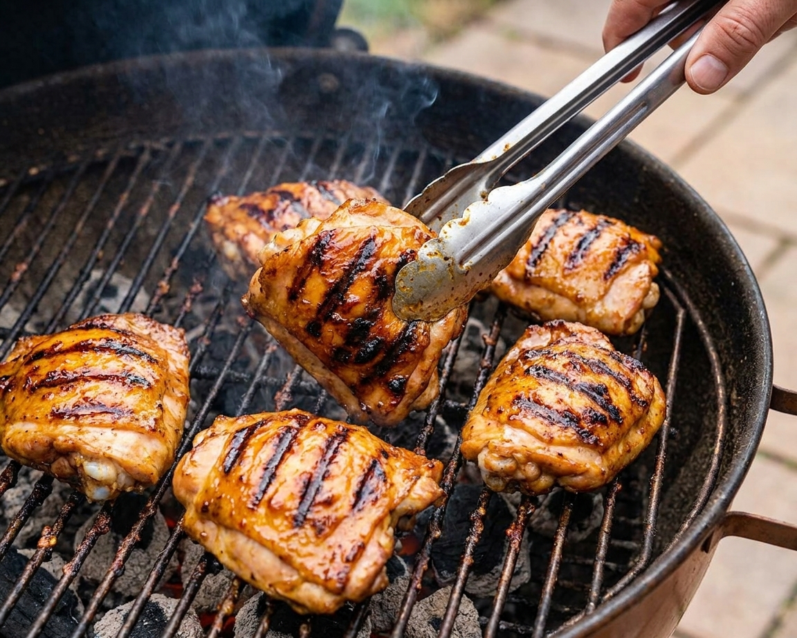 Chicken thighs grilling over open grates with visible caramelized grill marks as tongs turn a piece on an outdoor grill