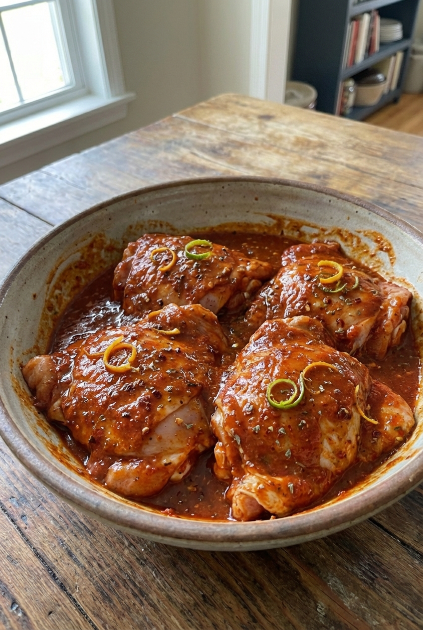 Chicken thighs in a bowl coated in a red al pastor marinade with visible spices and citrus zest