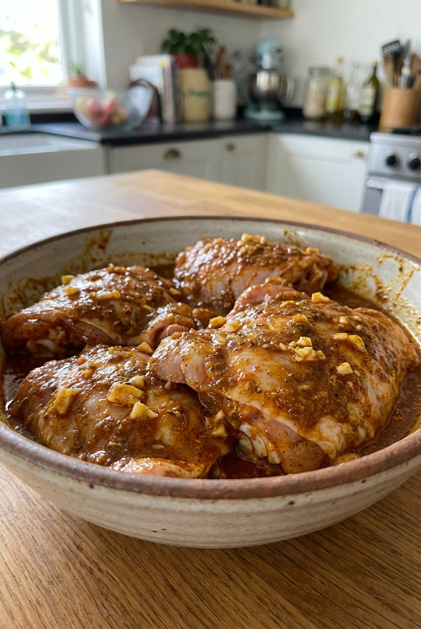 Chicken thighs in a bowl coated in shawarma marinade with visible spices and minced garlic