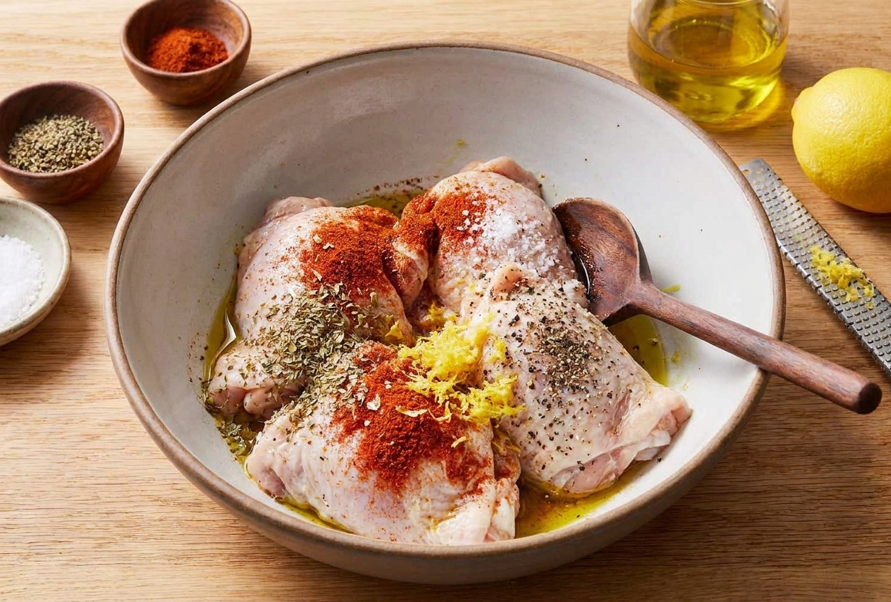 Chicken thighs in a mixing bowl coated with olive oil, paprika, oregano, salt, pepper, and lemon zest on a kitchen counter