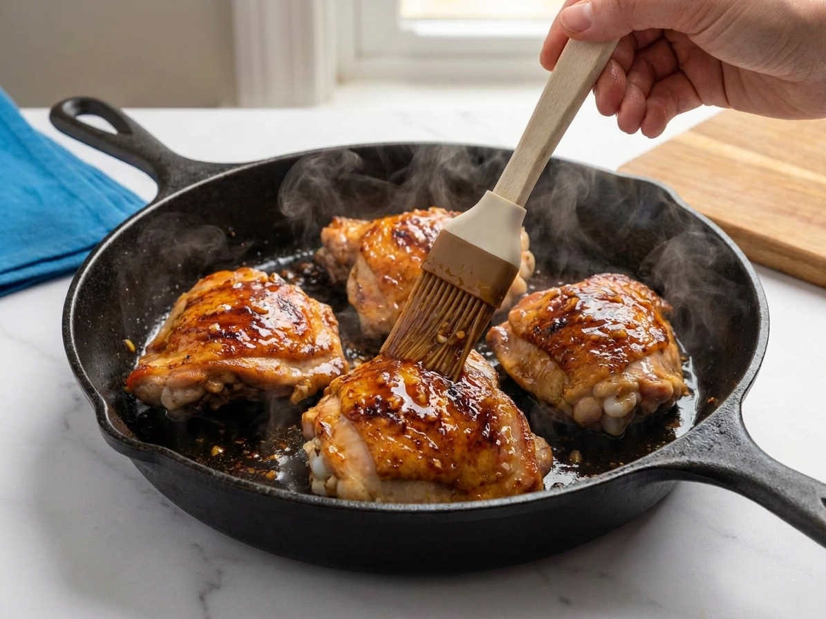 Chicken thighs in a skillet being brushed with a shiny honey glaze, steam rising under warm kitchen lighting
