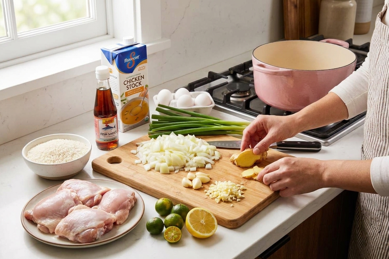 Chicken thighs, jasmine rice, fresh ginger, garlic, onions, fish sauce, chicken stock, scallions, eggs, and calamansi or lemon arranged on a bright kitchen counter