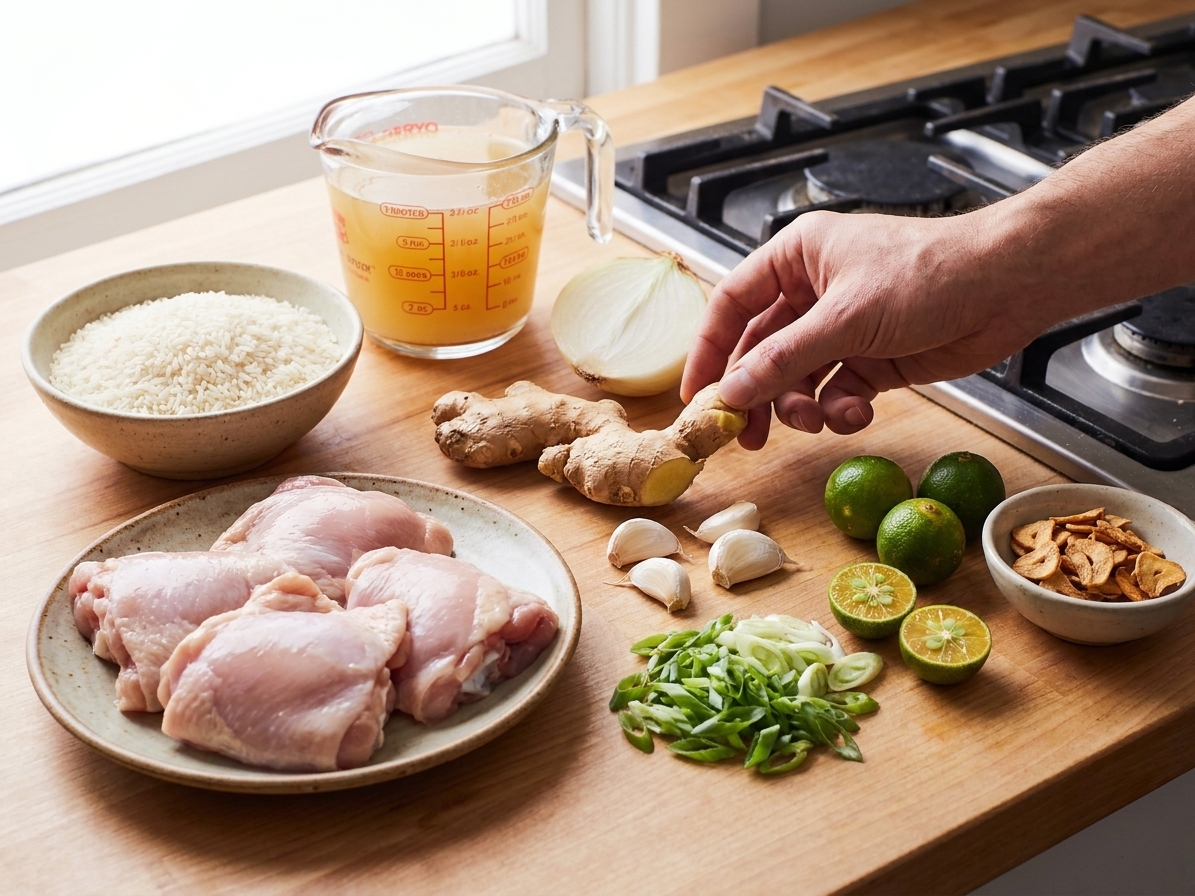 Chicken thighs, jasmine rice, fresh ginger, garlic, onion, chicken broth, scallions, calamansi or lemon, and fried garlic arranged on a clean kitchen counter