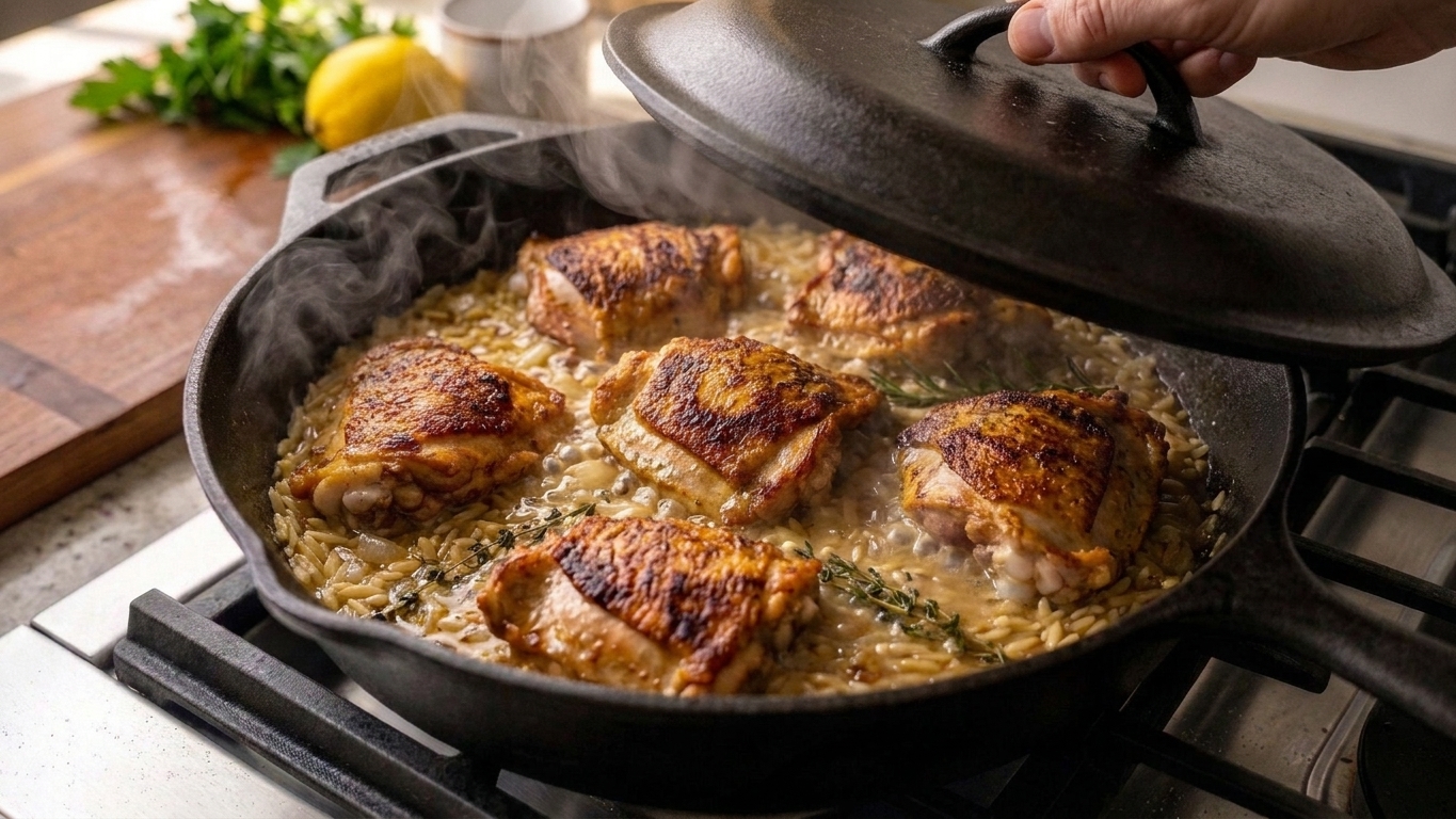 Chicken thighs nestled skin-side up over simmering orzo in a covered skillet, with steam rising when the lid is lifted