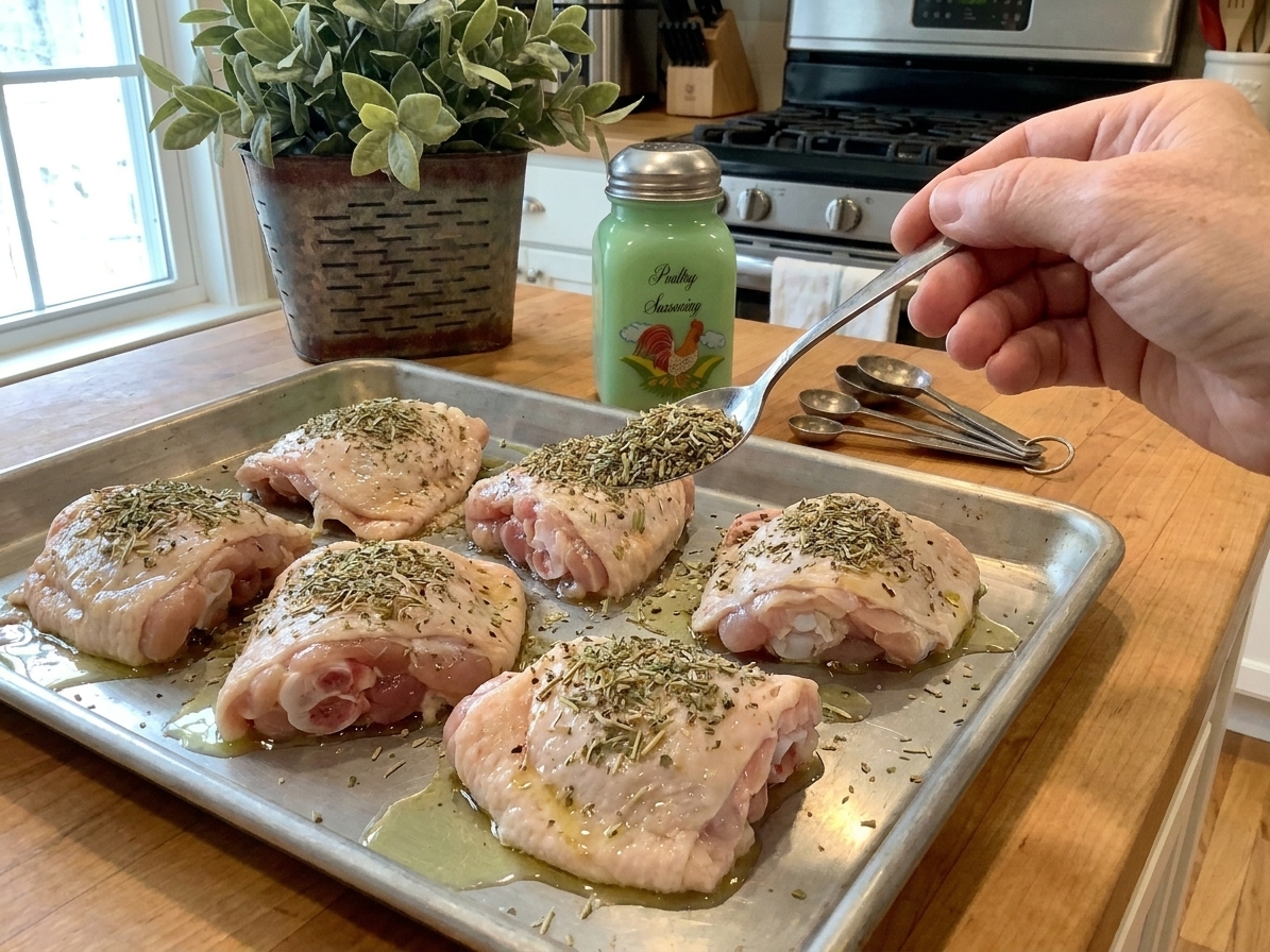 Chicken thighs on a sheet pan being sprinkled with homemade poultry seasoning in a home kitchen