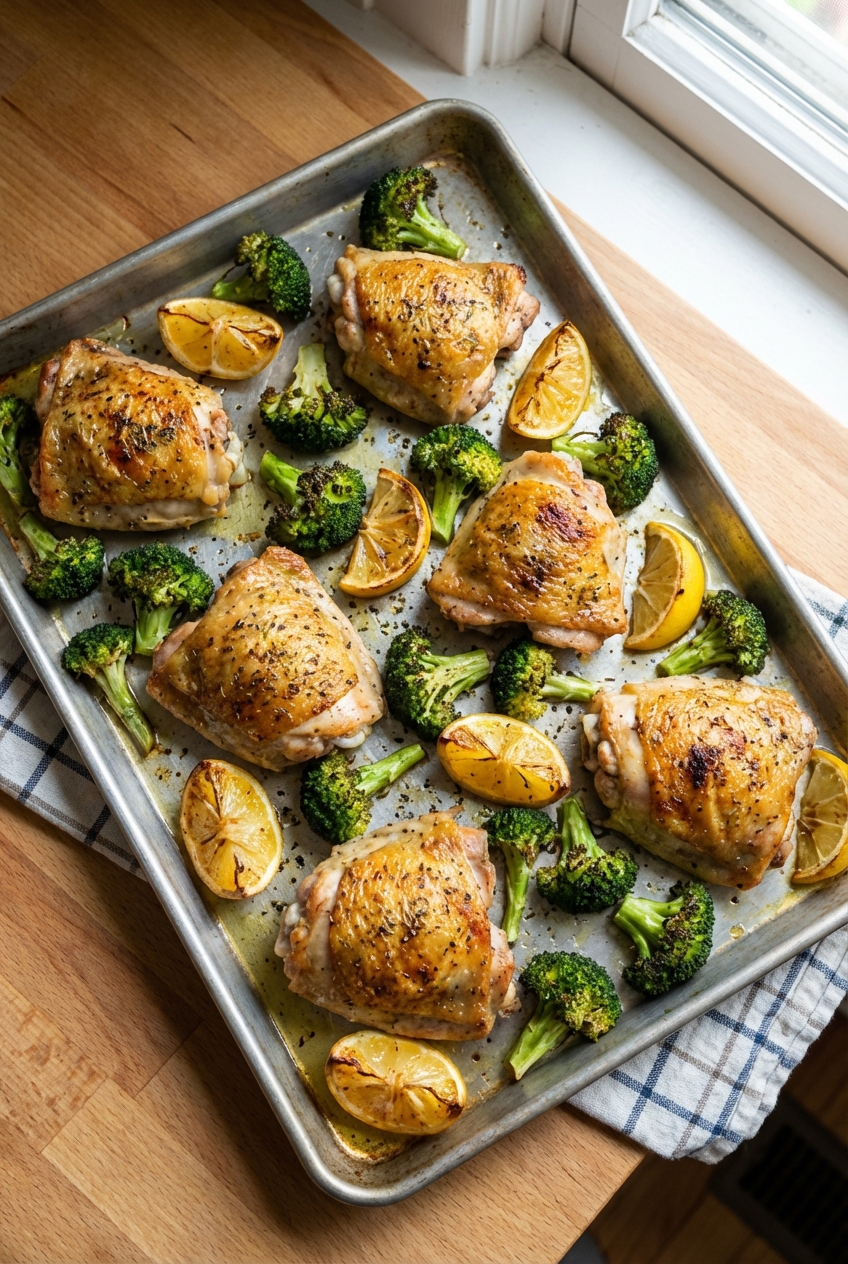 Chicken thighs on a sheet pan next to roasted broccoli and lemon wedges