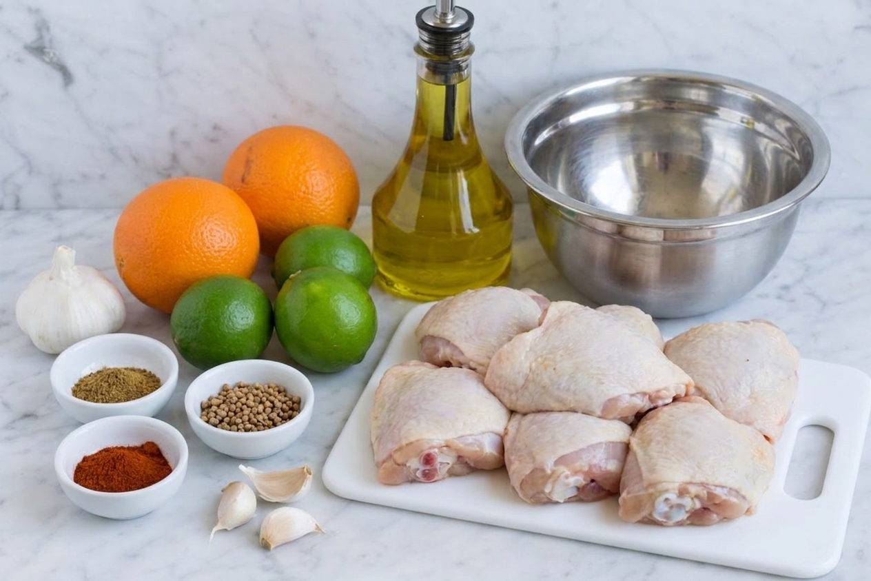 Chicken thighs, oranges, limes, garlic, spices, and oil arranged on a clean kitchen counter next to a mixing bowl