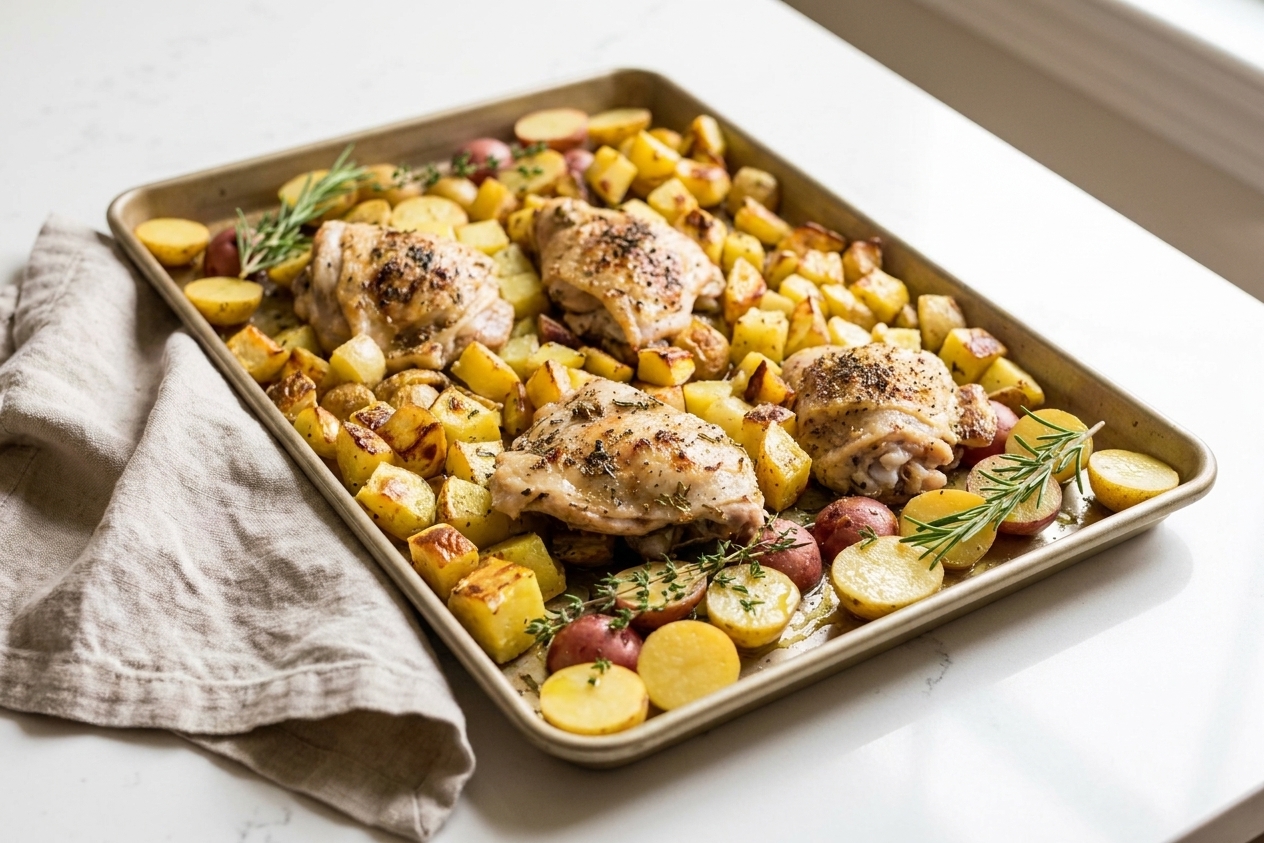 Chicken thighs placed skin-side up on a sheet pan with partially roasted potatoes, ready to finish roasting