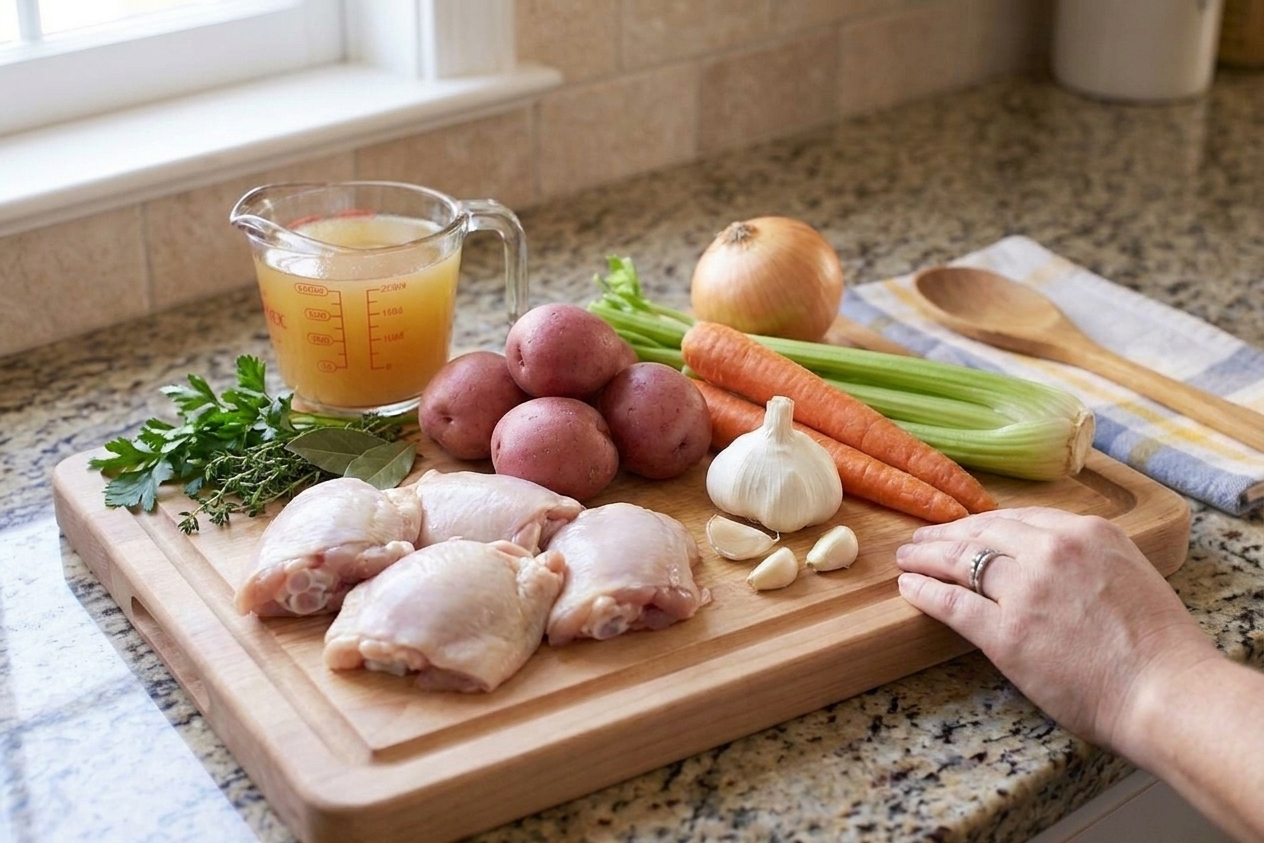 Chicken thighs, potatoes, carrots, celery, onion, garlic, broth, and herbs arranged on a bright kitchen counter