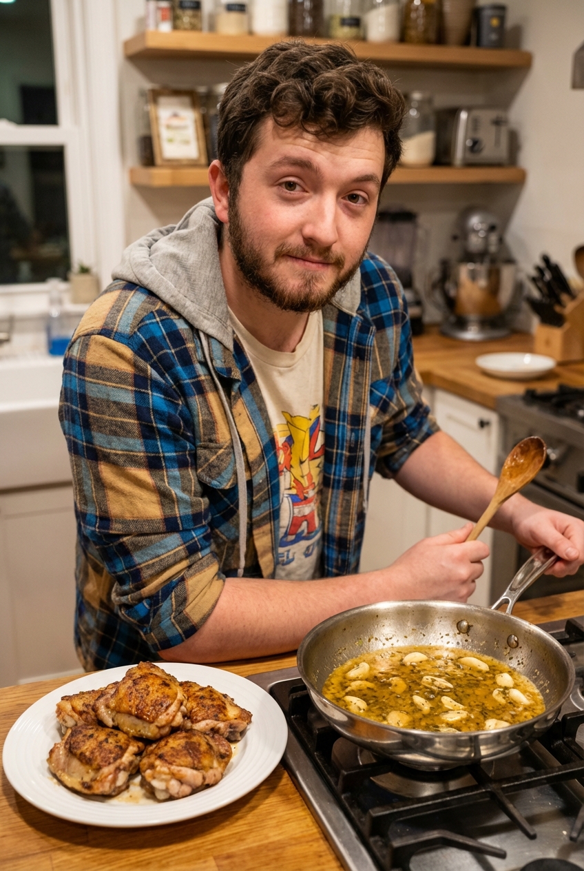Chicken thighs resting on a plate while garlic pan sauce simmers in the skillet