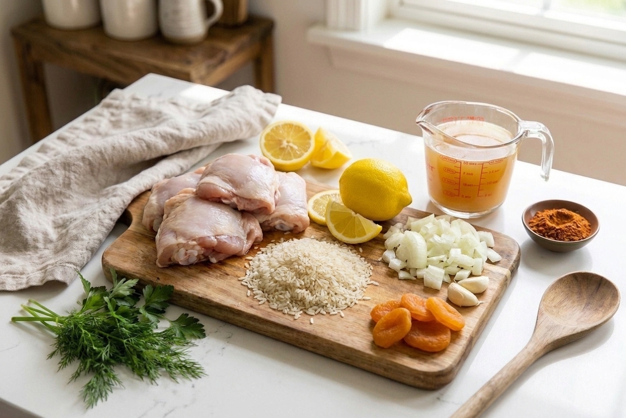 Chicken thighs, rice, onion, garlic, lemon, herbs, broth, apricots, and a small bowl of ras el hanout arranged on a clean kitchen counter