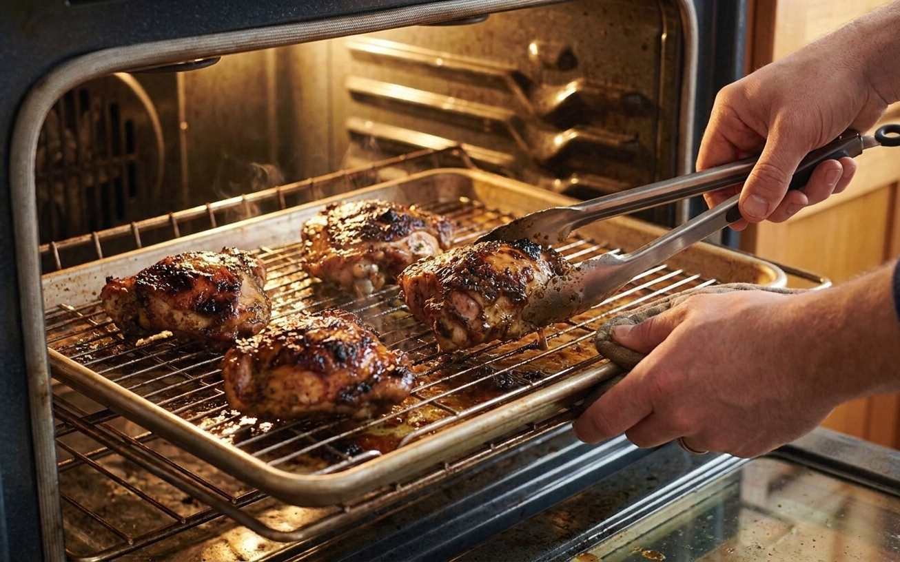 Chicken thighs roasting on a wire rack over a sheet pan with jerk marinade caramelizing on the skin inside an oven