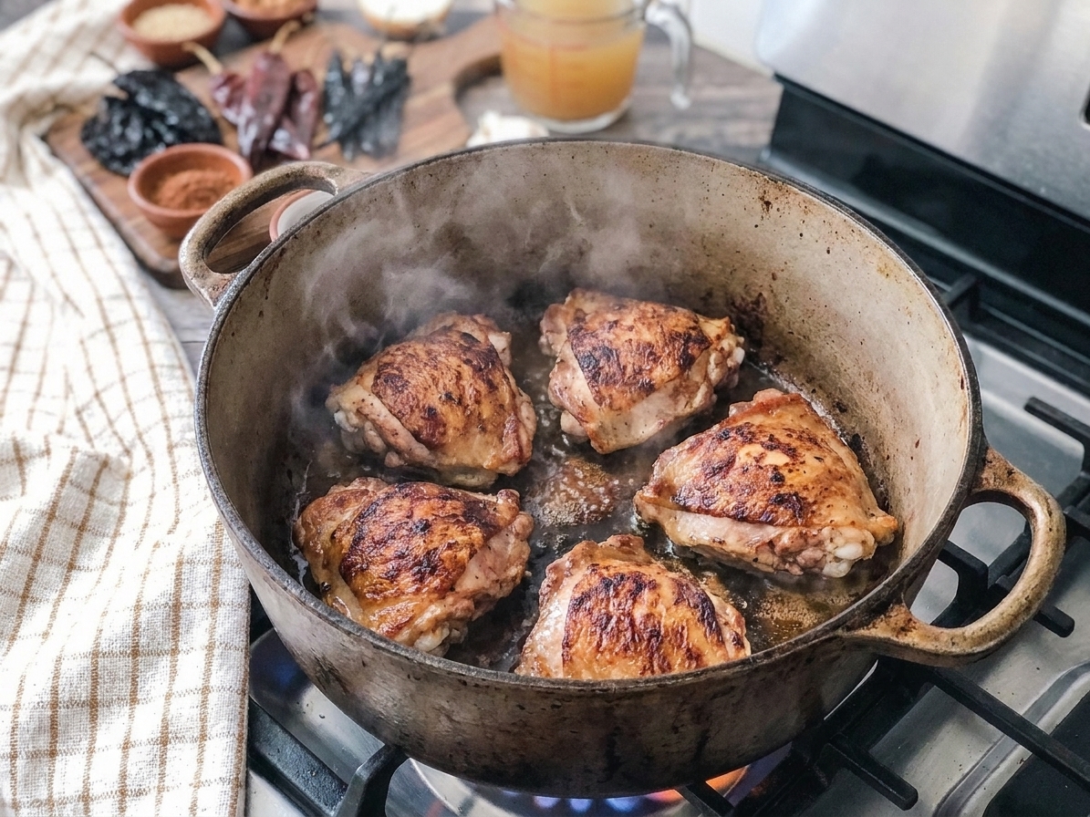Chicken thighs searing in a Dutch oven with browned skin, viewed from above on a stovetop