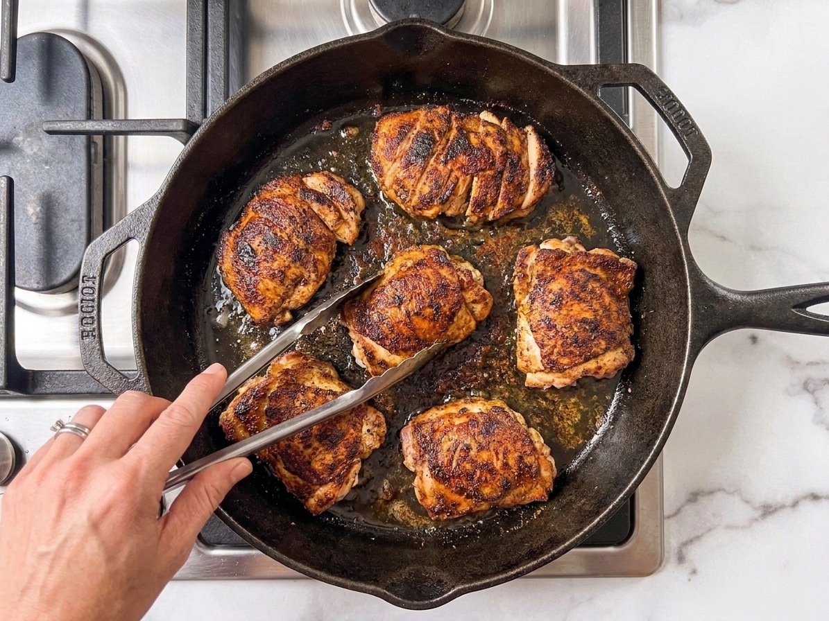 Chicken thighs searing in a cast iron skillet on a stovetop with visible browning and spices