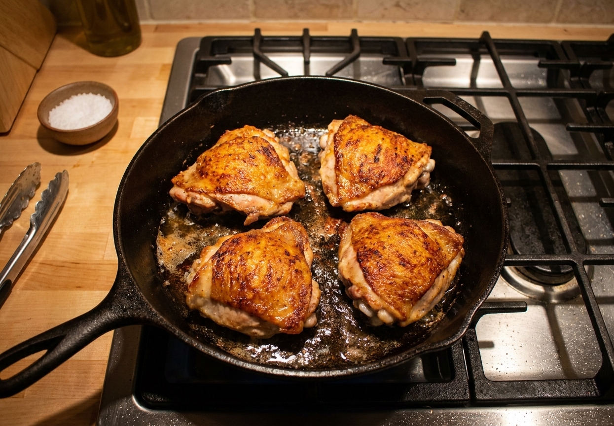 Chicken thighs searing in a cast iron skillet on a stovetop with golden-brown skin and a bit of rendered fat in the pan
