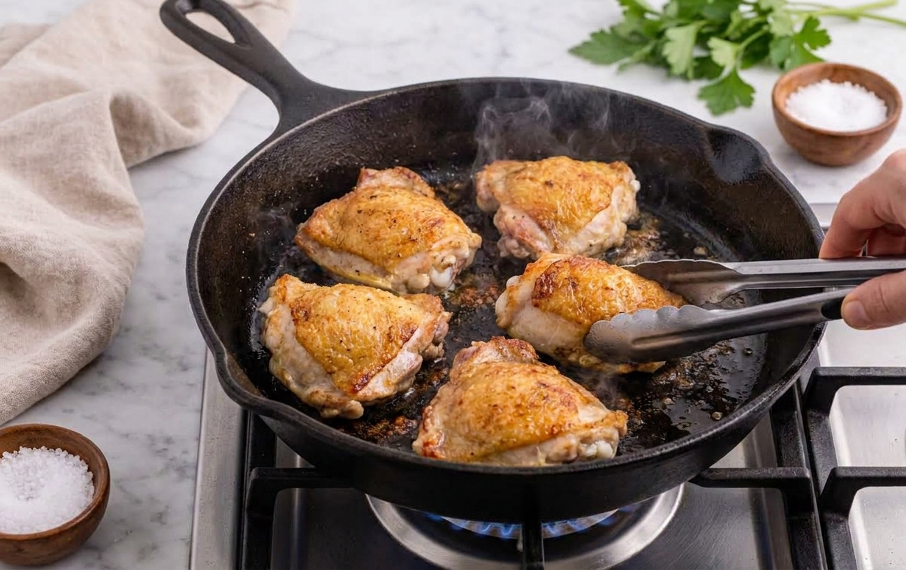 Chicken thighs searing in a cast iron skillet with golden browned edges on a stovetop