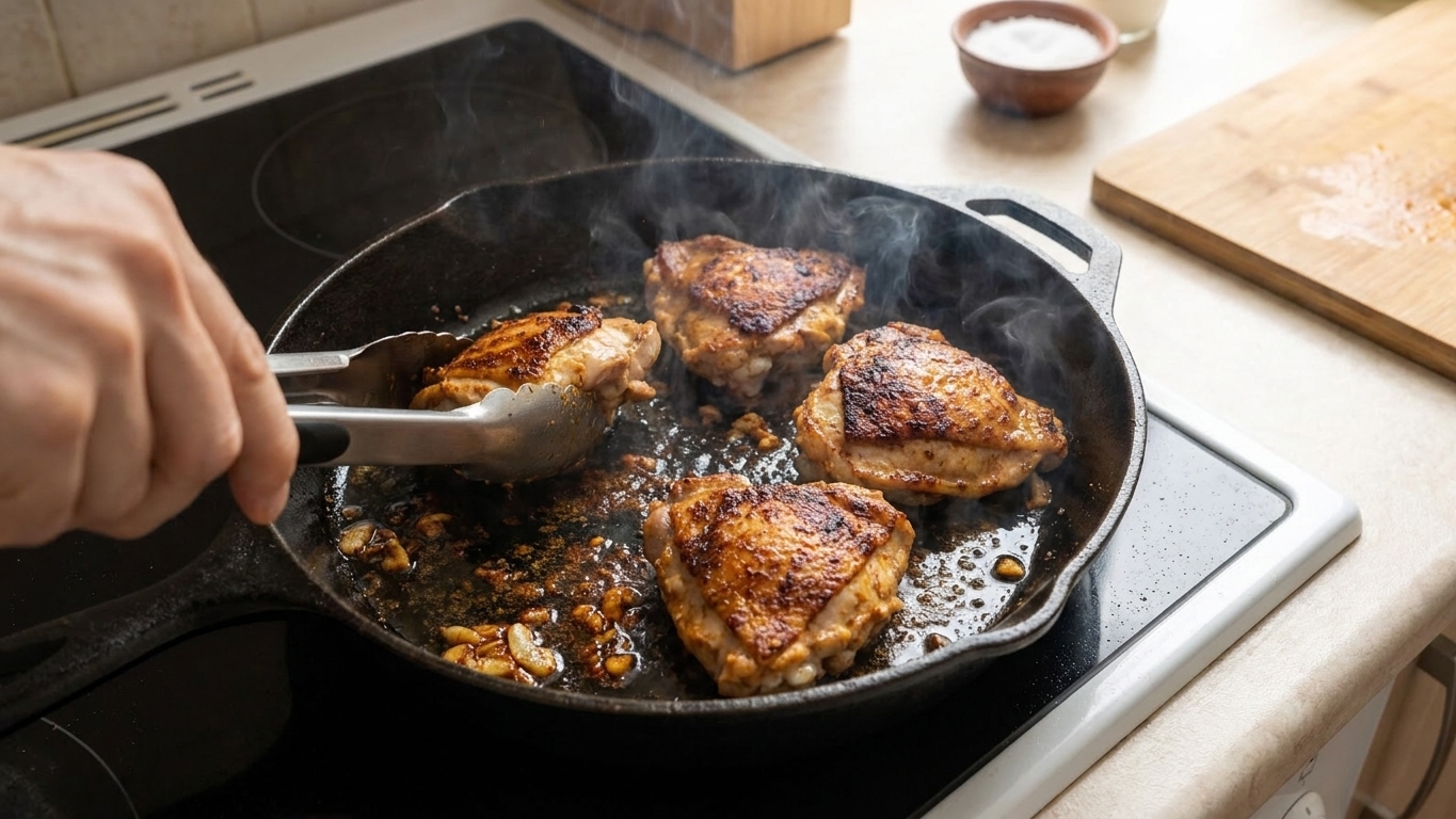 Chicken thighs searing in a cast iron skillet with browned spices and sizzling edges on a stovetop