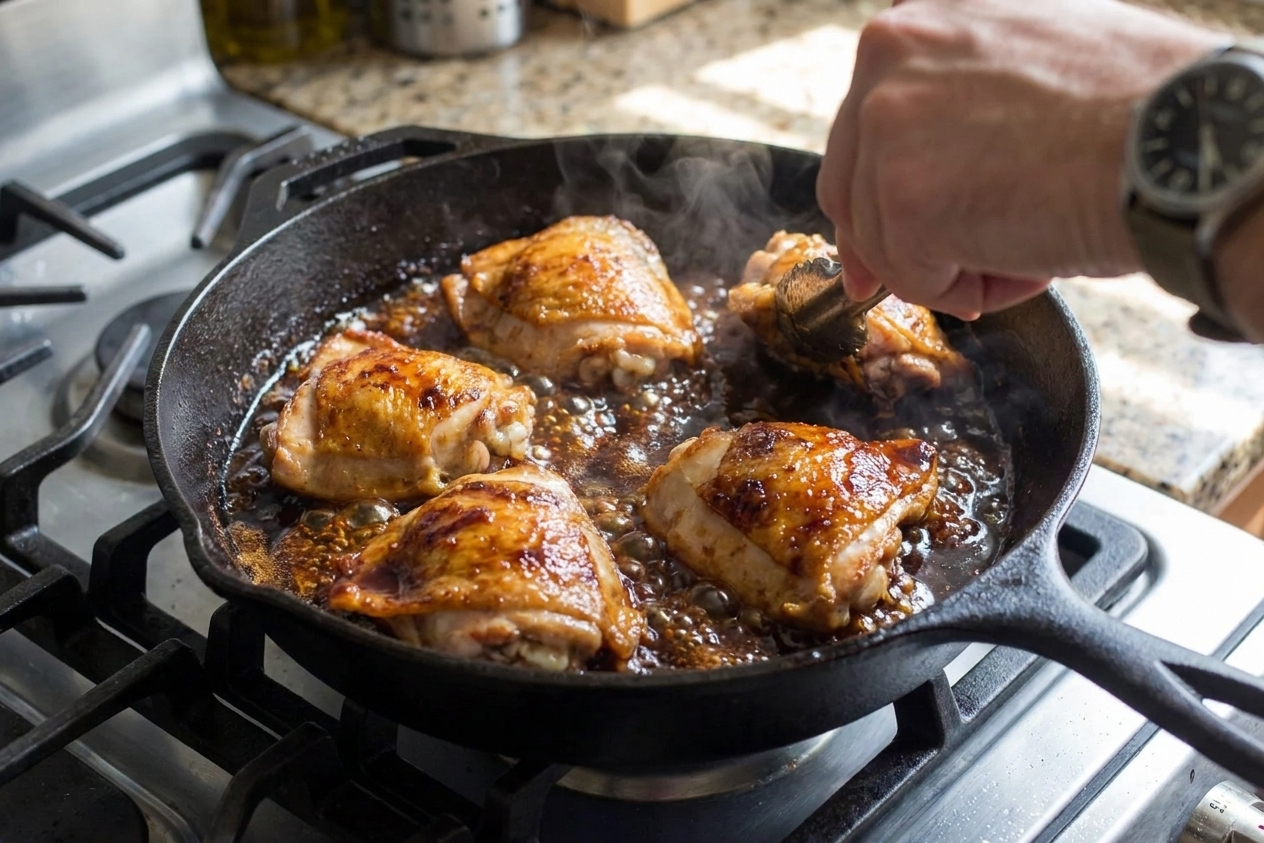 Chicken thighs searing in a cast iron skillet with a bubbling teriyaki glaze forming glossy edges on a stovetop