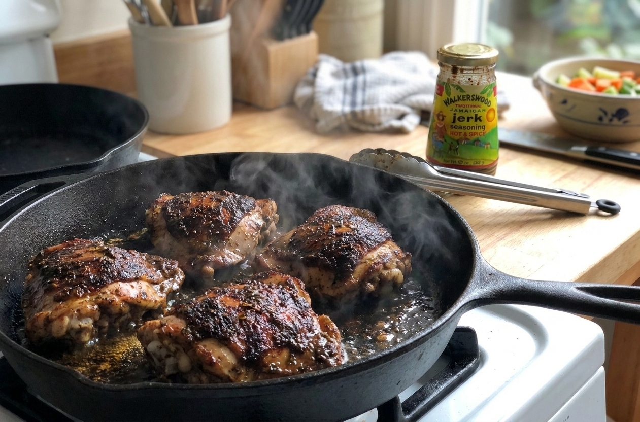 Chicken thighs searing in a cast iron skillet with a dark jerk spice crust forming and light wisps of steam rising in a home kitchen