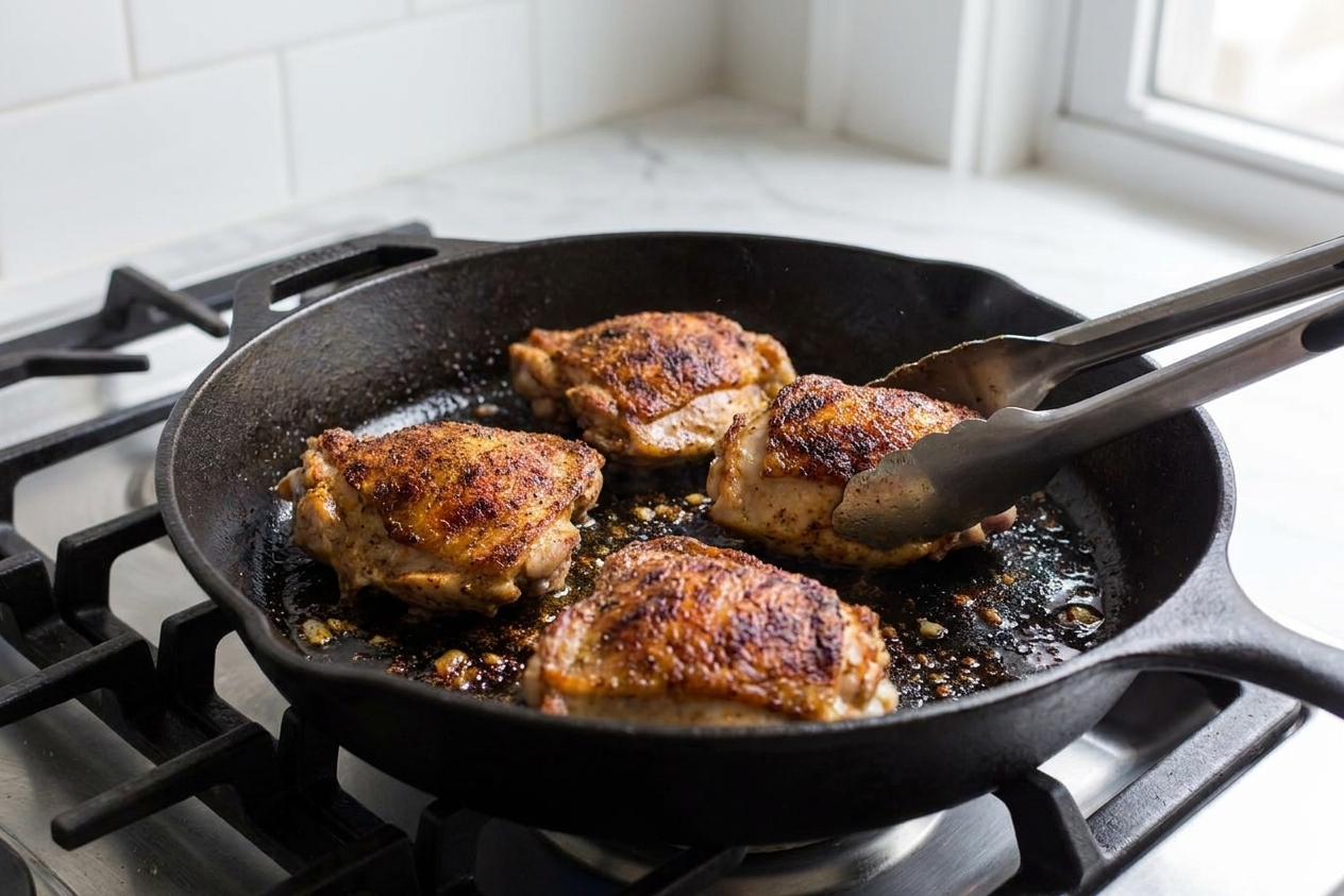 Chicken thighs searing in a dark skillet with visible browning and spices on the surface on a stovetop in a home kitchen