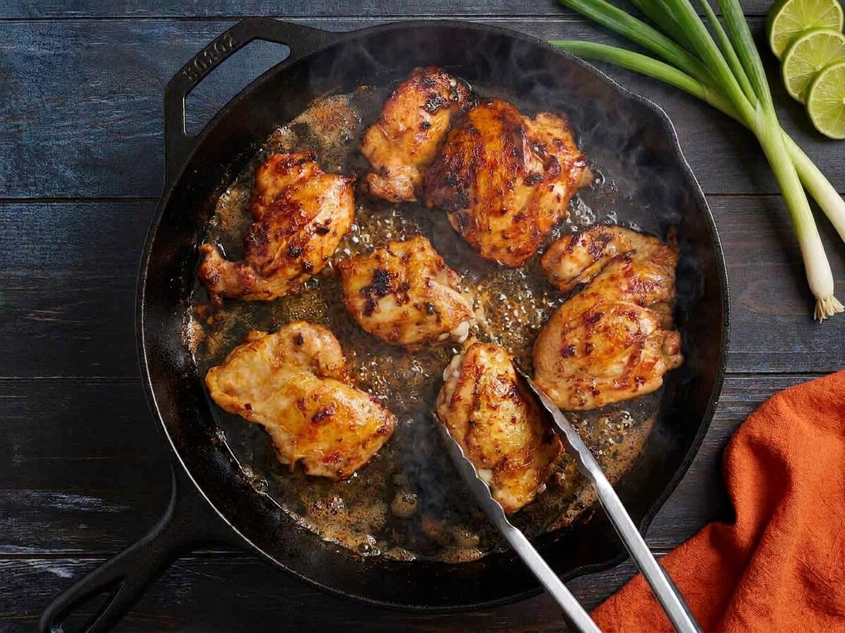 Chicken thighs searing in a hot cast iron skillet with browned edges and sizzling oil