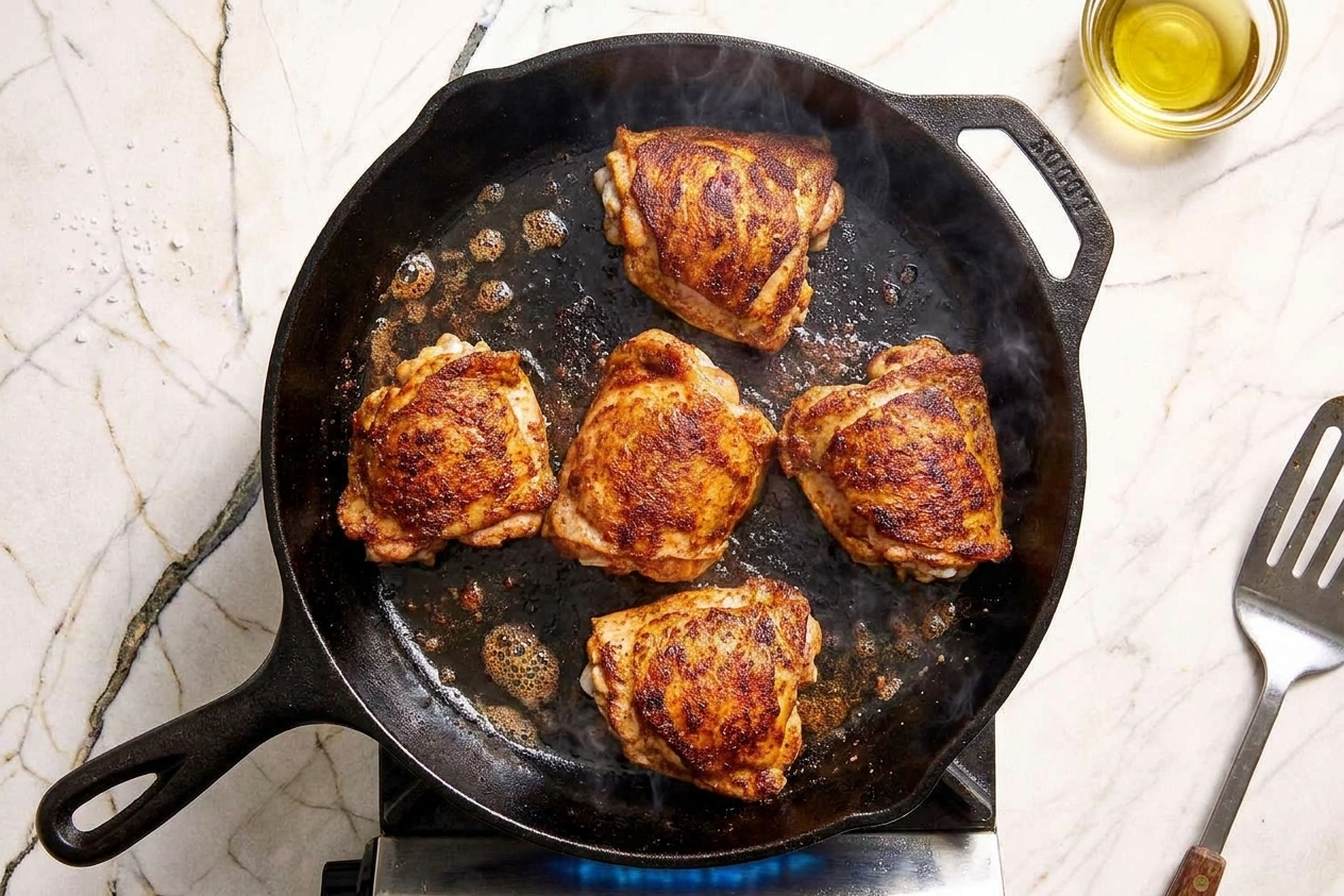 Chicken thighs searing in a hot cast iron skillet with browned edges forming, photographed from above on a home stove