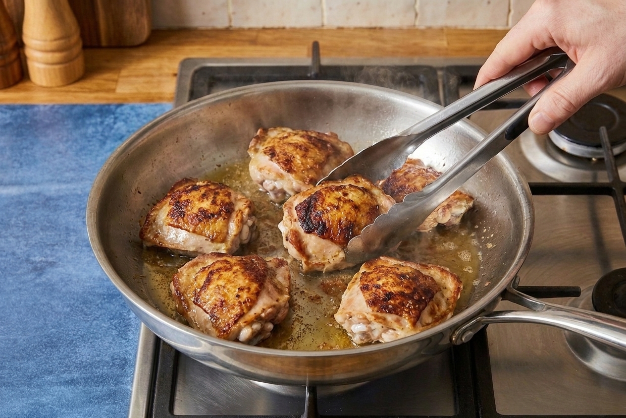 Chicken thighs searing in a hot skillet as browned edges develop and the oil shimmers on the pan surface