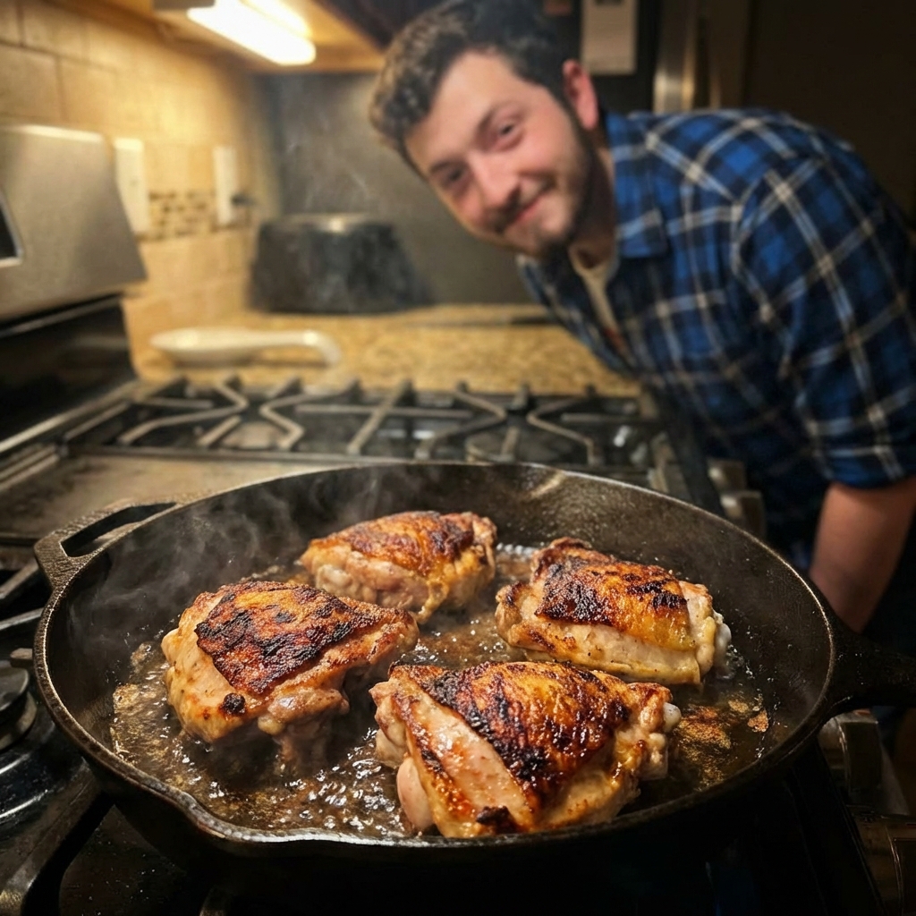 Chicken thighs searing in a hot skillet with browned edges