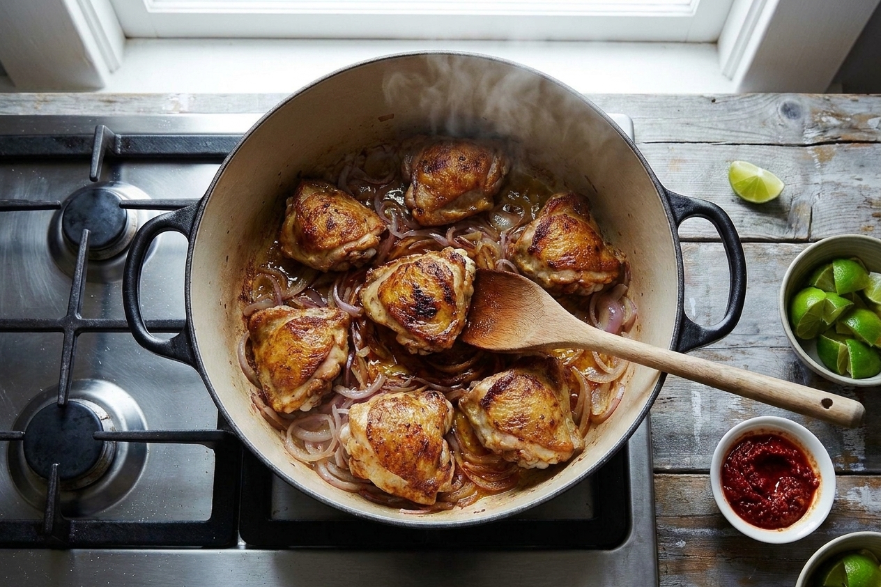 Chicken thighs searing in a large pot on a stovetop with golden browned edges