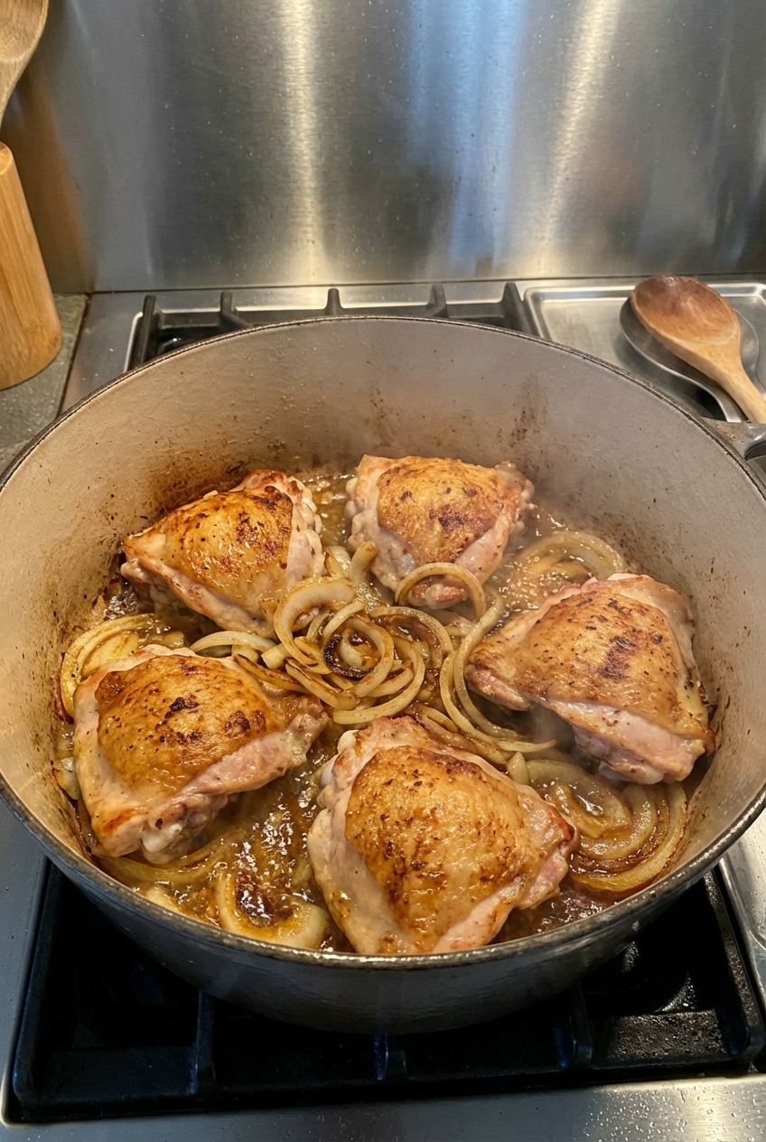 Chicken thighs searing in a pot with onions turning golden