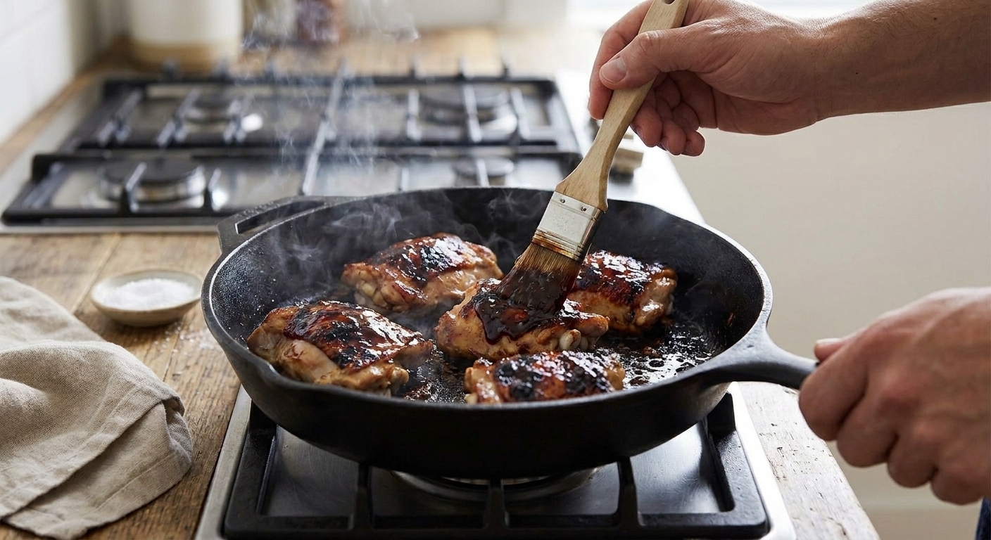 Chicken thighs searing in a skillet while Korean BBQ sauce is brushed on, creating caramelized edges