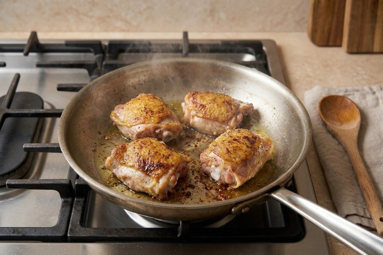Chicken thighs searing in a skillet while browned bits form on the bottom