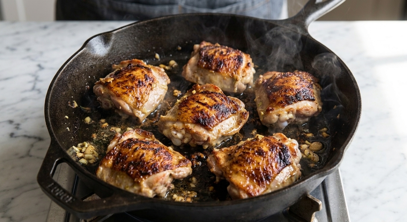 Chicken thighs searing in a skillet with browned caramelized edges forming