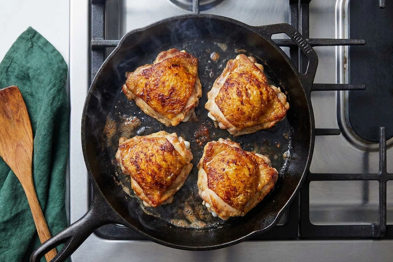 Chicken thighs searing in a skillet with browned edges, viewed from above on a stovetop under warm kitchen lighting