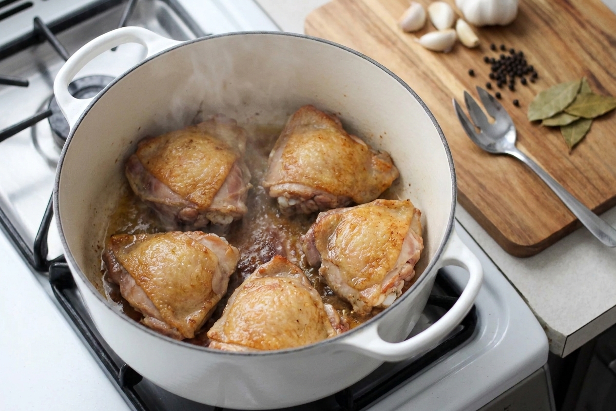Chicken thighs searing skin-side down in a Dutch oven on a stovetop, with golden browning starting on the edges