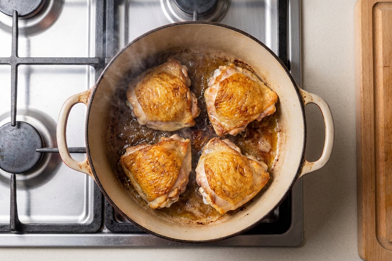Chicken thighs searing skin-side down in a Dutch oven on a stovetop with golden browning