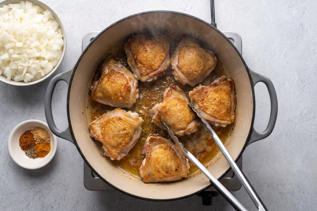 Chicken thighs searing skin-side down in a Dutch oven, edges turning golden brown with light sizzling oil on a stovetop