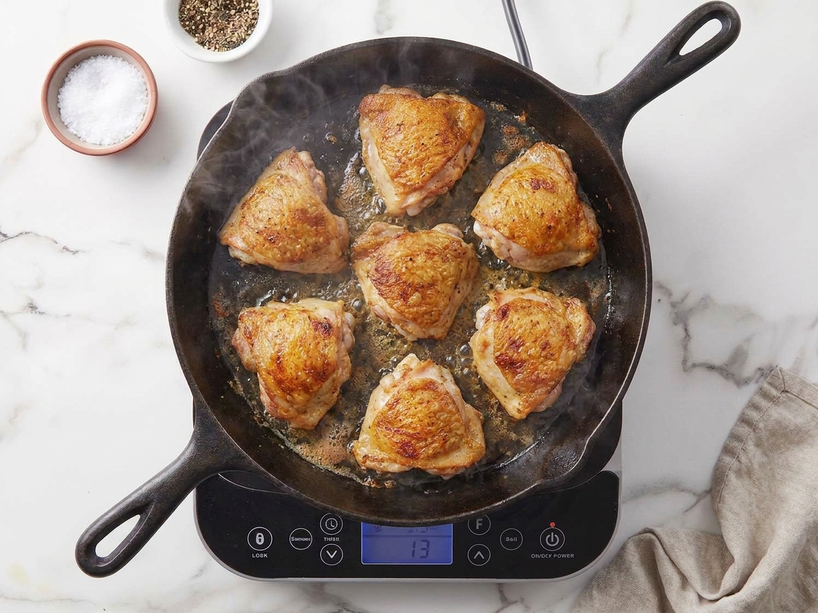 Chicken thighs searing skin-side down in a cast iron skillet on a stovetop with bubbling rendered fat